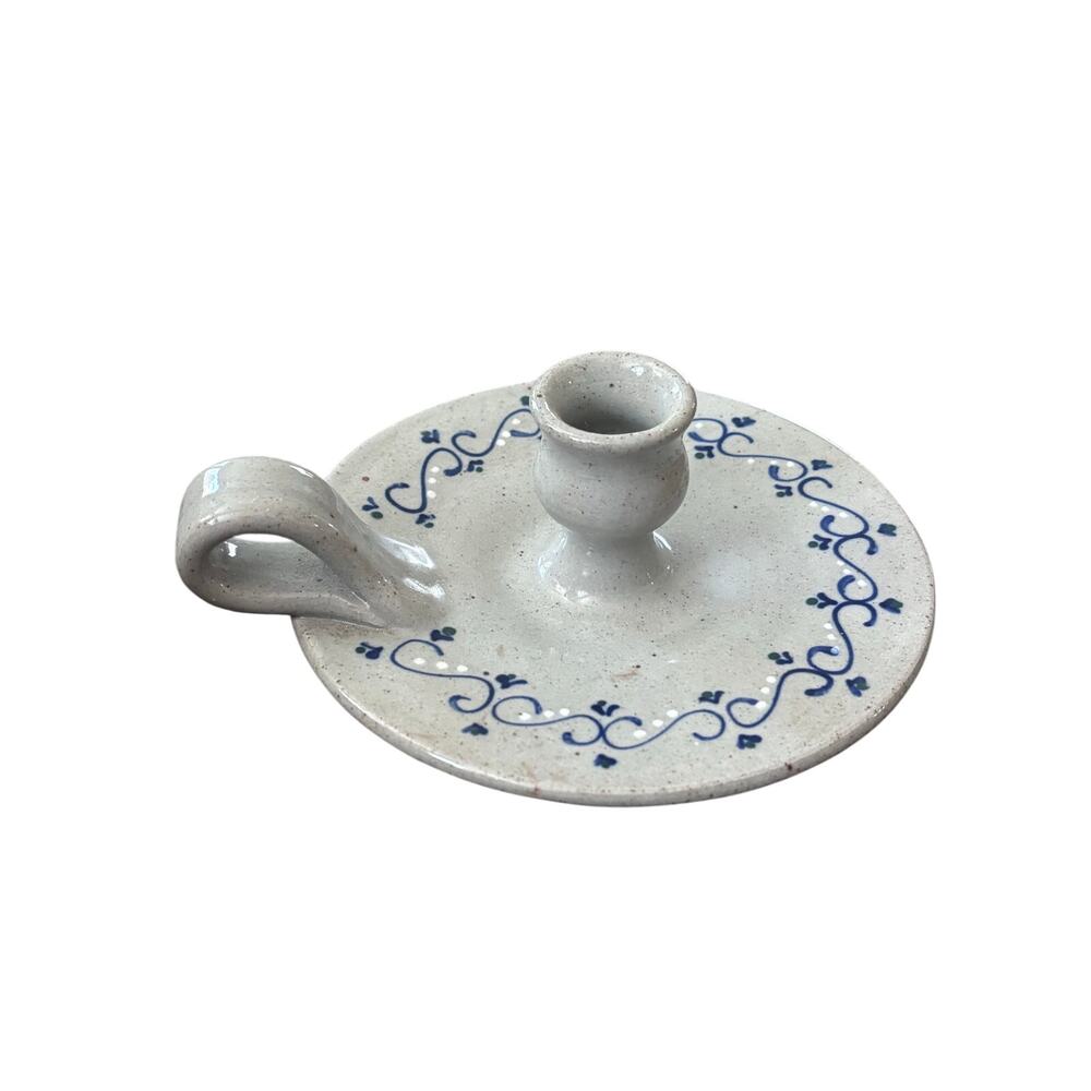 Great Bay Pottery Dover NH Candle Holder with Handle Blue & Green Design Country